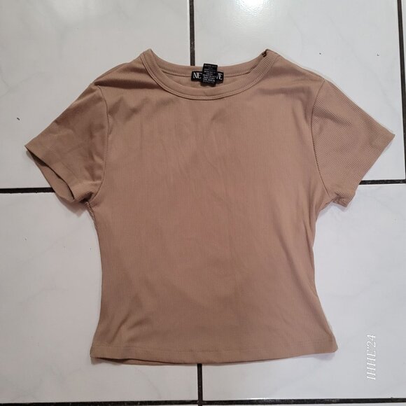New Love Womens Ribbed Beige T-Shirt Size S Polyester Spandex Blend - Picture 1 of 4
